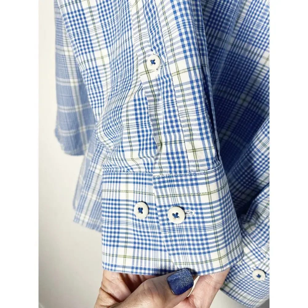 Peter Millar Mens Long Sleeve Dress Shirt Blue White Green Plaid Check Cotton XL